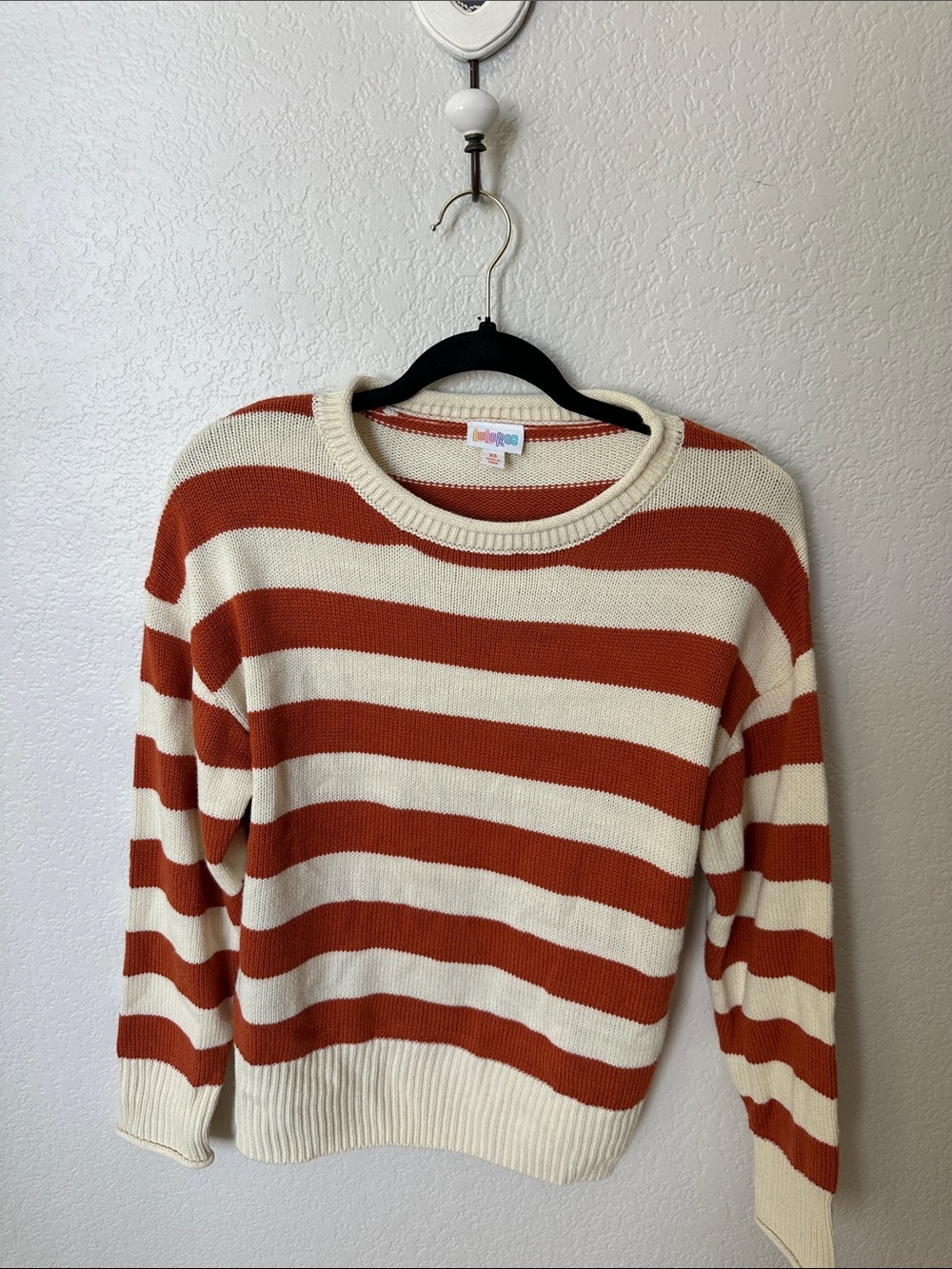 Striped Cream and Rust Women's Crewneck Sweater